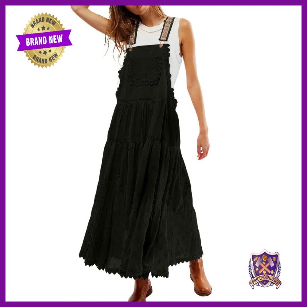 Black Maxi Pinafore Dress - Sleeveless Tiered Sundress